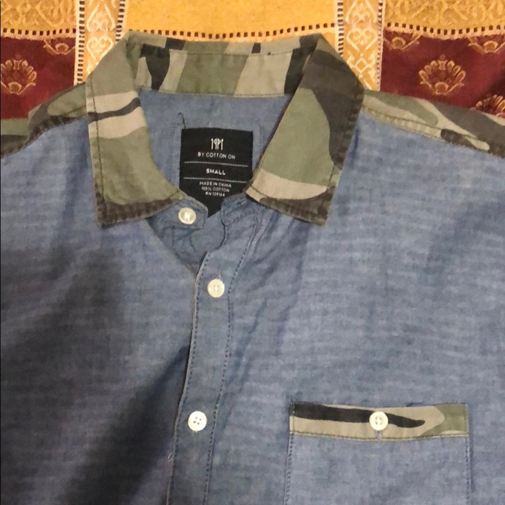 Long sleeve buttoned down camo-denim shirt